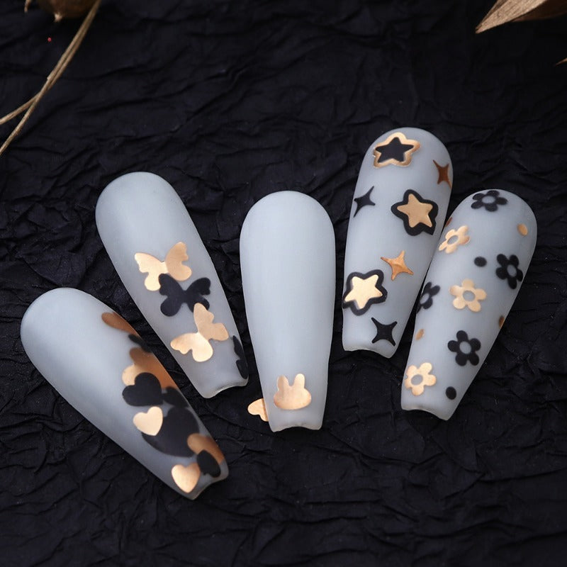 Wholesale 12-grid Box Black Gold Retro Series Nail Art Sequins Butterfly Love Star Rabbit Sweet Cool Nail Glitter Accessories